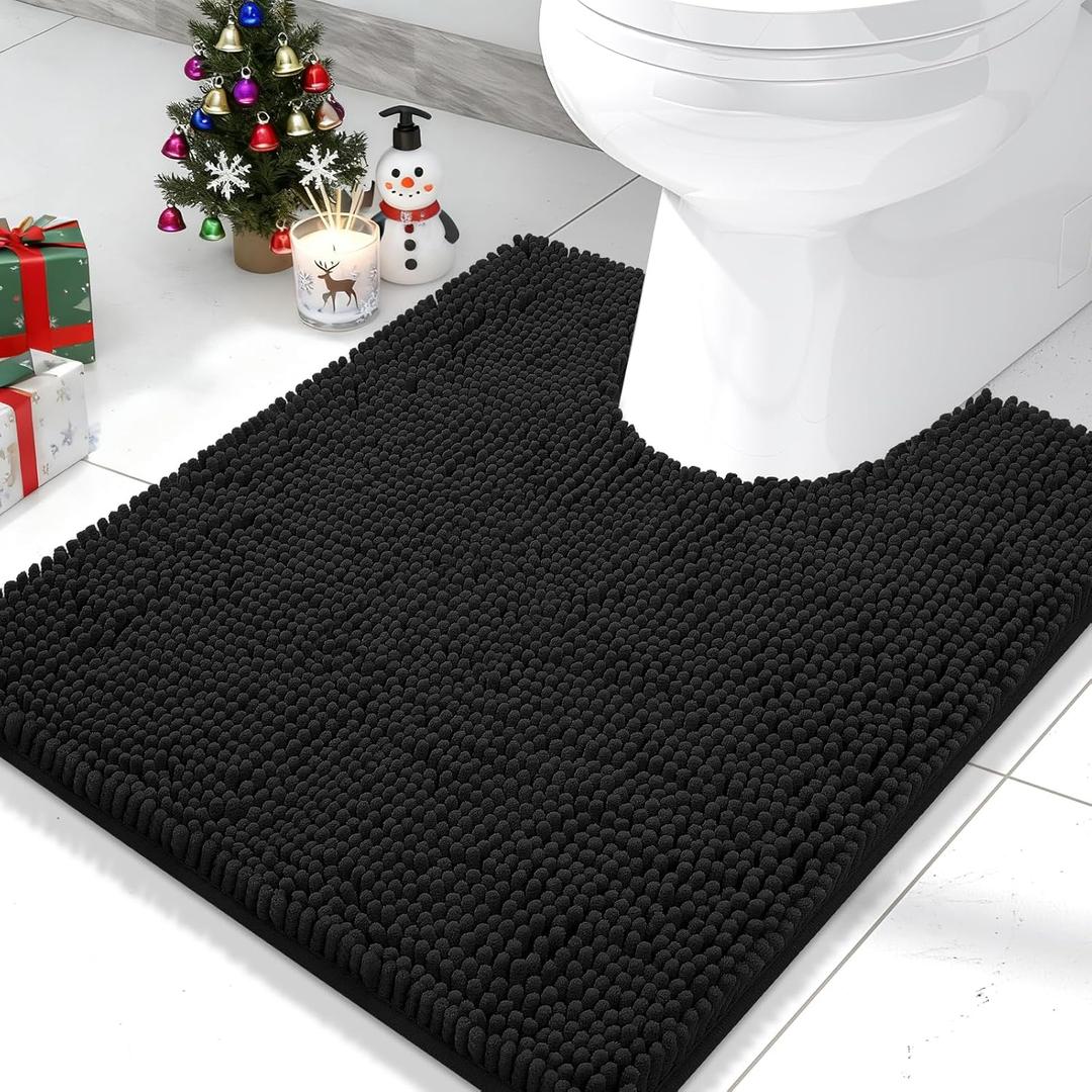 Smiry Luxury Chenille Toilet Rugs U-Shaped 24x20, Soft Absorbent Non-Slip Contour Bathroom Rugs for Toilet, Machine Washable Contoured Bath Mats, Black