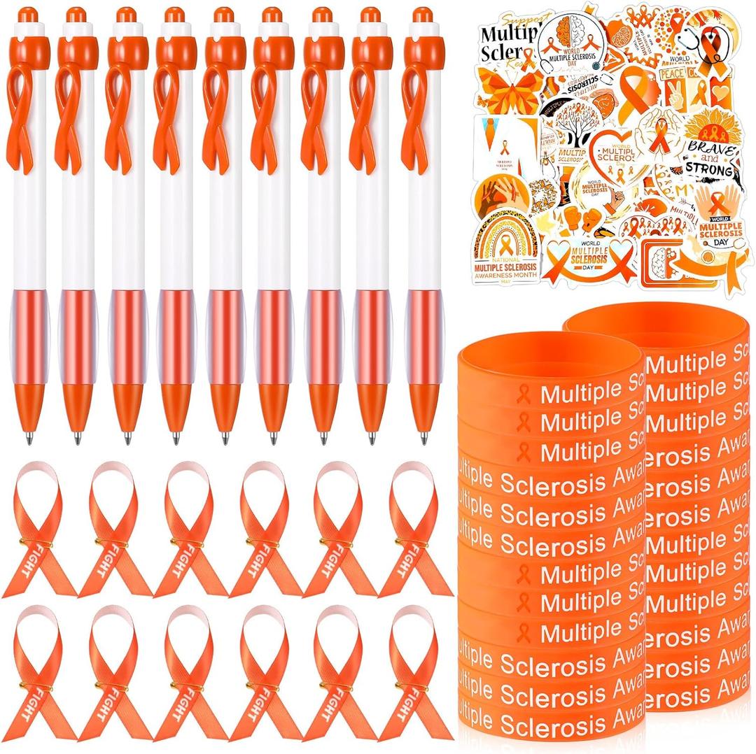 Zhanmai 250 Pcs Multiple Sclerosis Awareness Kit 50 Silicone Wristband Bracelet 50 Awareness Ribbon 50 Pins 50 Orange Ribbon Retractable Pen 50 Sclerosis Awareness Stickers for Charity Events Party