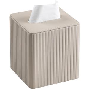 PU Leather Tissue Box Cover Square Tissue Box Holder with Magnetic Closure, Beige Stripe 