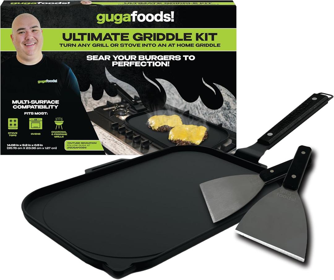 Guga Foods Ultimate Griddle Kit Set- Transform Any Grill or Stove, Includes Cast Iron Griddle with Detachable Handle, Stainless Steel Angled & Straight Edge Spatulas, For Cooking Indoor Or Outdoor