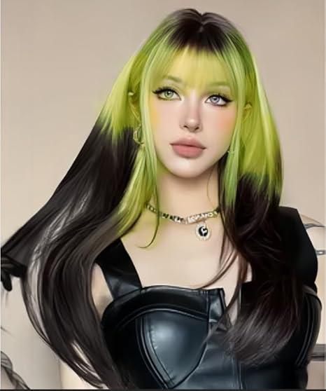 Womens Black to Green Long Straight Wig with Bangs Ombre Green Synthetic Natural Hair Wig for Daily Cosplay Halloween Use
