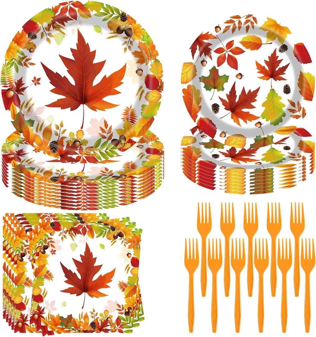 Fall Party Supplies - 96 Pcs Autumn Maple Leaf Disposable Tableware Set with Paper Plates, Napkins, Forks for Thanksgiving Harvest Party Decorations