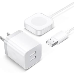2025 Upgraded for Apple Watch Charger, Dual Port USB iPhone Watch Charger Block Wall Plug Power Adapter & 3FT Magnetic Wireless Charging Cable Cord for iWatch Series Ultra/10/9/8/7/SE/SE2/6/5/4/3/2/1