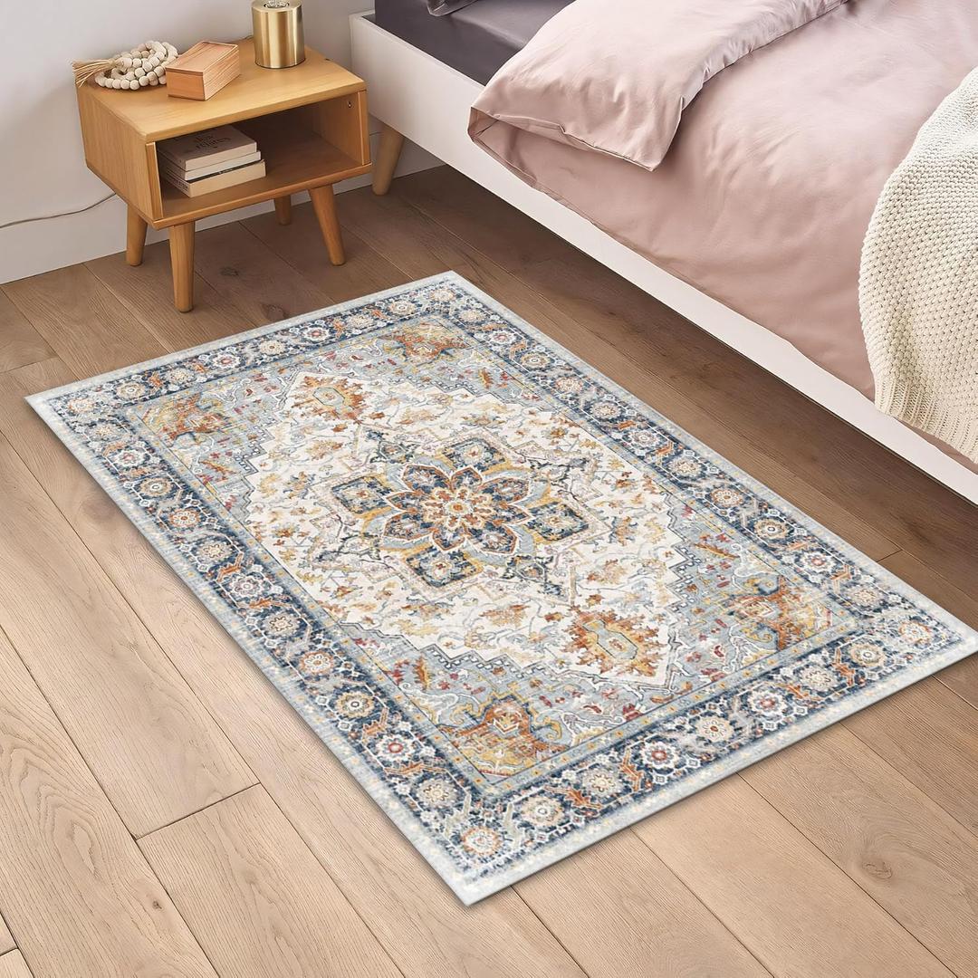Machine Washable Area Rugs Non Slip 3x5 Stain Resistant Soft Boho Living Room Rugs Vintage Distressed Throw Carpet for Home Office Bedroom Dinning Room Kids Playroom (Beige-d)