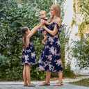 PopReal Mommy and Me Dresses Floral Print Cold Shoulder Ruffle Backless Strap Romper Beach Midi Dress Summer (Blue, XL)