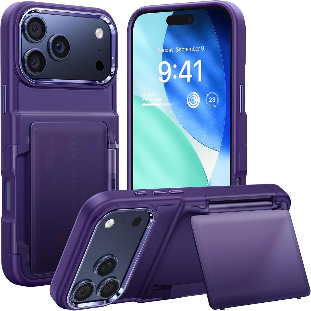 UYOUNG for iPhone 17 Pro Max Case Wallet with Card Holder, High End Metal Frame Lens Cover, Military Drop Protection, Rugged Heavy Duty Men Women Protective Phone Case for iPhone 17 Pro Max, Purple