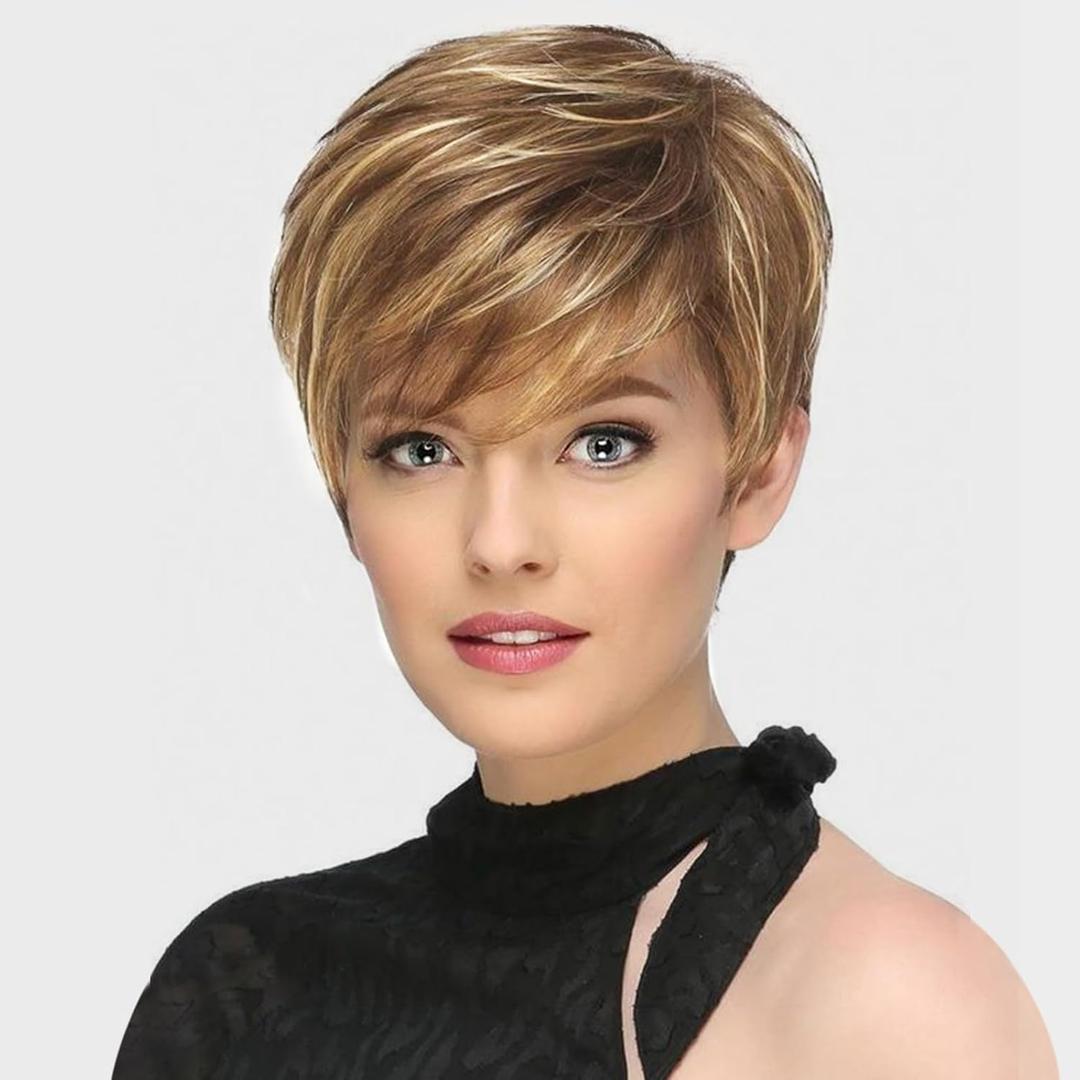 Creamily Short Brown Pixie Cut Wig for Women Short Hair Wigs with Bangs Mixed Blonde Highlight Layered Fluffy Synthetic Hair Replacement Wig Halloween Costumes Wigs, Brown Mixed Blonde