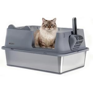 Stainless Steel Cat Litter Box, Open Top High-Sided Metal Litter Box with Scoop, Extra Large Litter Boxes for Kitty Kitten and Big Cats, Anti-Urine Leakage, Non-Sticky, Easy to Clean (Grey)