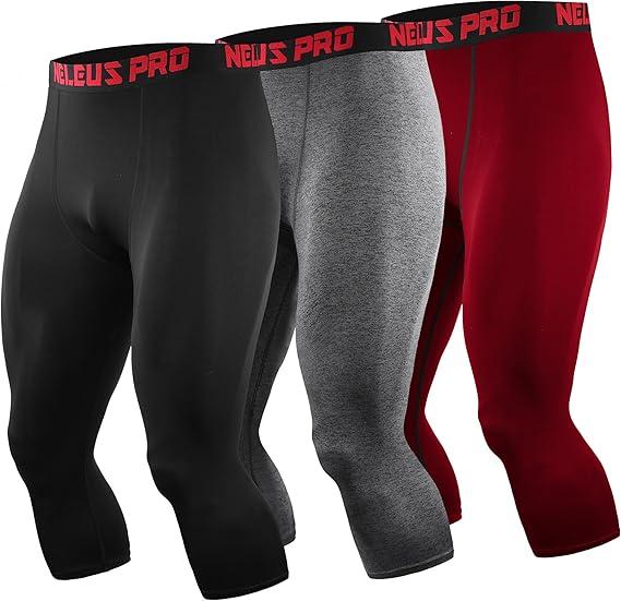 NELEUS Men's Dry Fit Compression Pants Workout Running Leggings, 3 Pack, L, Black with Red