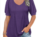 Women's Summer T Shirts - Dressy Short Puff Sleeve Tunic Tops Pleated V Neck Tunic Blouse, L