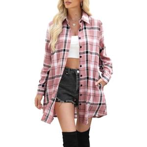 Womens Buffalo Plaid Flannel Shirt Jacket Long Sleeve Collar Button Down Shacket Coats Lightweight Tops (X-Large, 2 Pink Plaid)