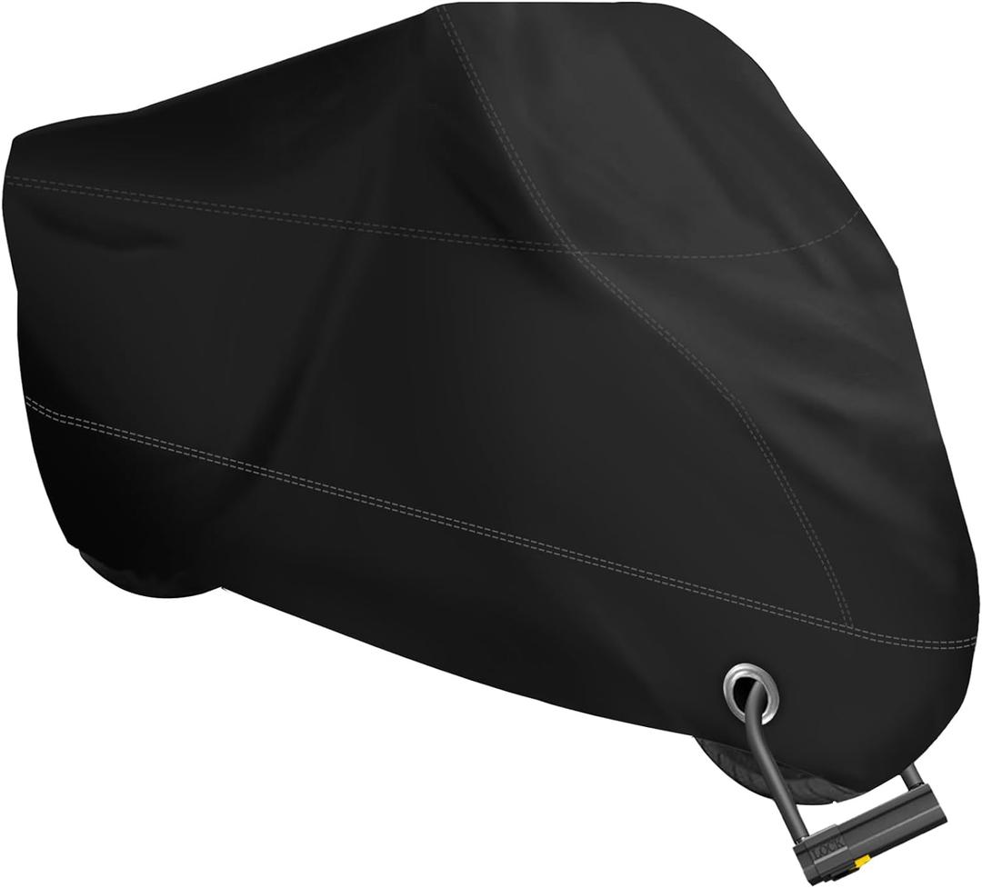 XYZCTEM Motorcycle Cover -Waterproof Outdoor Storage Bag, Made of Heavy Duty Material, Fits up to 108" All Motors(Black& Lockholes& Professional Windproof Strap)