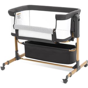 Baby Bassinet Bedside Sleeper,3-in-1 Rocking Bassinet for Baby with 6-Level Height Adjustable, 4 Wheels & Breathable Mesh Walls, Portable Bedside Crib with Mattress for Newborn (Dark Grey)
