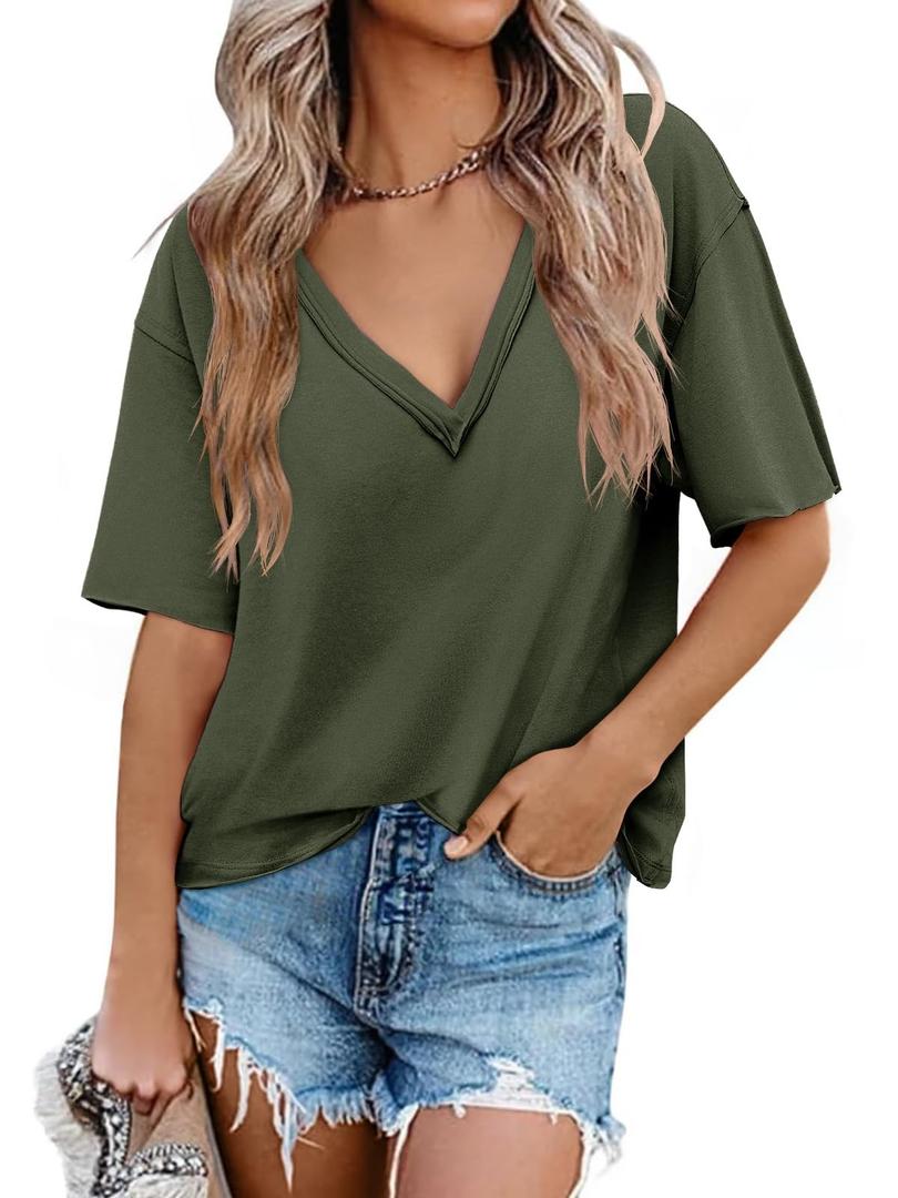Tankaneo Womens Oversized Tshirts Deep V Neck Short Sleeve Tops Summer Casual Loose Fit Tee Shirt Army Green (Green, S)