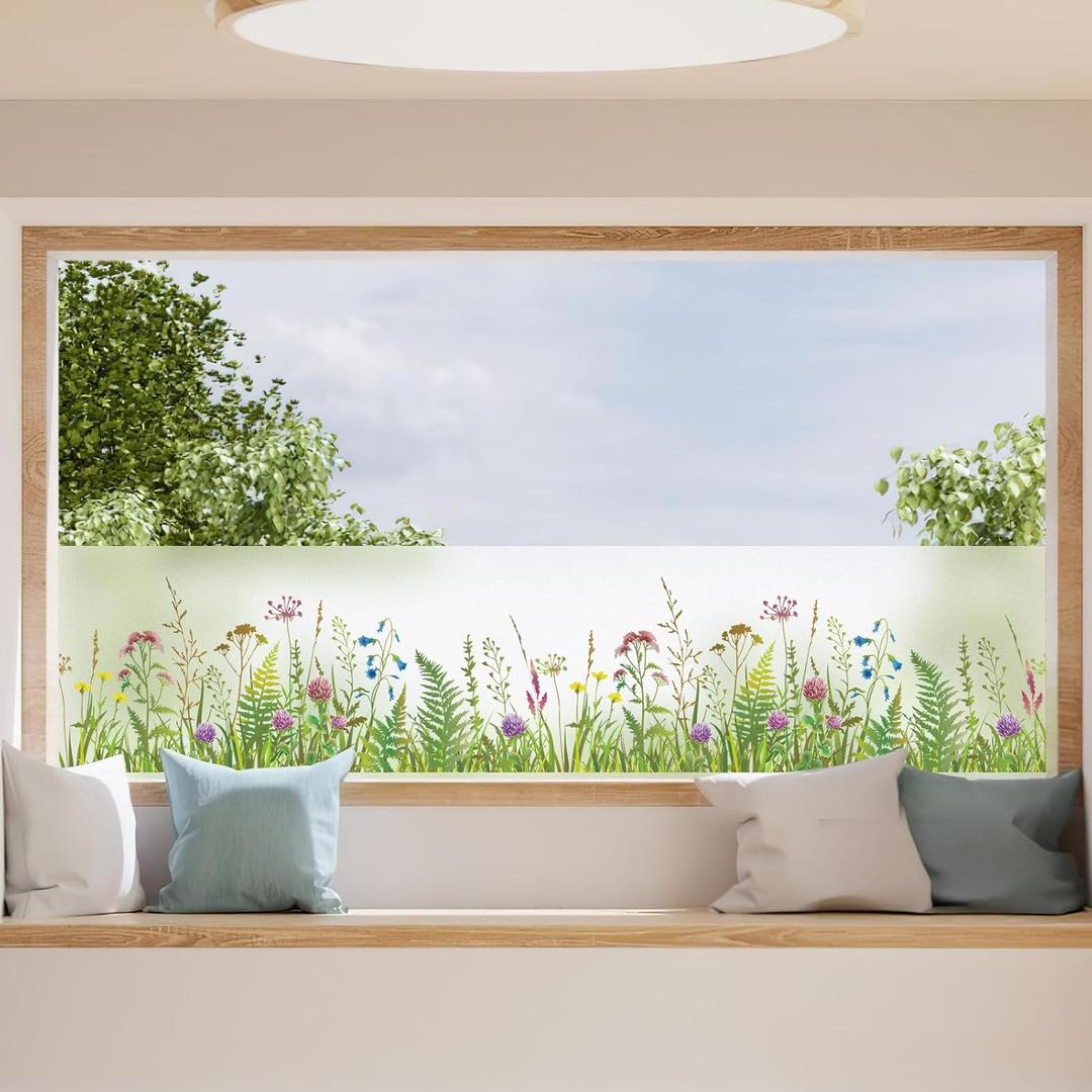 DKTIE Flower Language Series Stained Glass Window Film, Complete Privacy Static Cling Sun Blocking Anti UV, Double-Sided Same Color UV2 Technology, A535, 17.7" x 78.7"