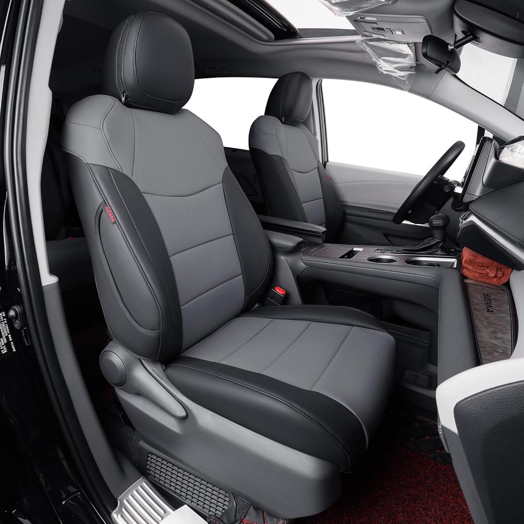 coverdream Sienna Leather Car Seat Covers Custom Fit for 2011-2020 Toyota Sienna LE,XLE,Limited, L, XLE Premium, Limited Premium,7-Seater,Full Coverage Auto Seat Protector (Full Set, Black/Gray)