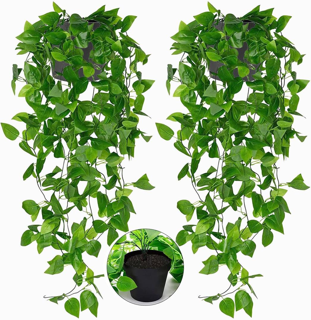 Toprooms 2 Pack Fake Hanging Plants with Pot,Artificial Hanging Plant Fake Plants Faux Ivy Vine Wall Hanging Plants Greenery Shelf Home Office Indoor Outdoor Decor(2 Potted)