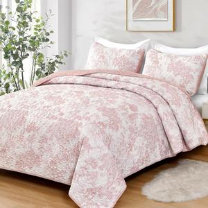 WONGS BEDDING Quilt Set Queen Size, 3 Pieces Pink Floral Plants Printed Bedspread Coverlet Set Soft Lightweight Microfiber Botanical Bedding Set for All Season (96"x90")