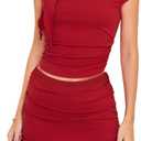 HESUUIO 2 Piece Skirt Set for Women Off The Shoulder Sleeveless Tops Ruffle Mini Skirts Y2K Going Out Outfits, S