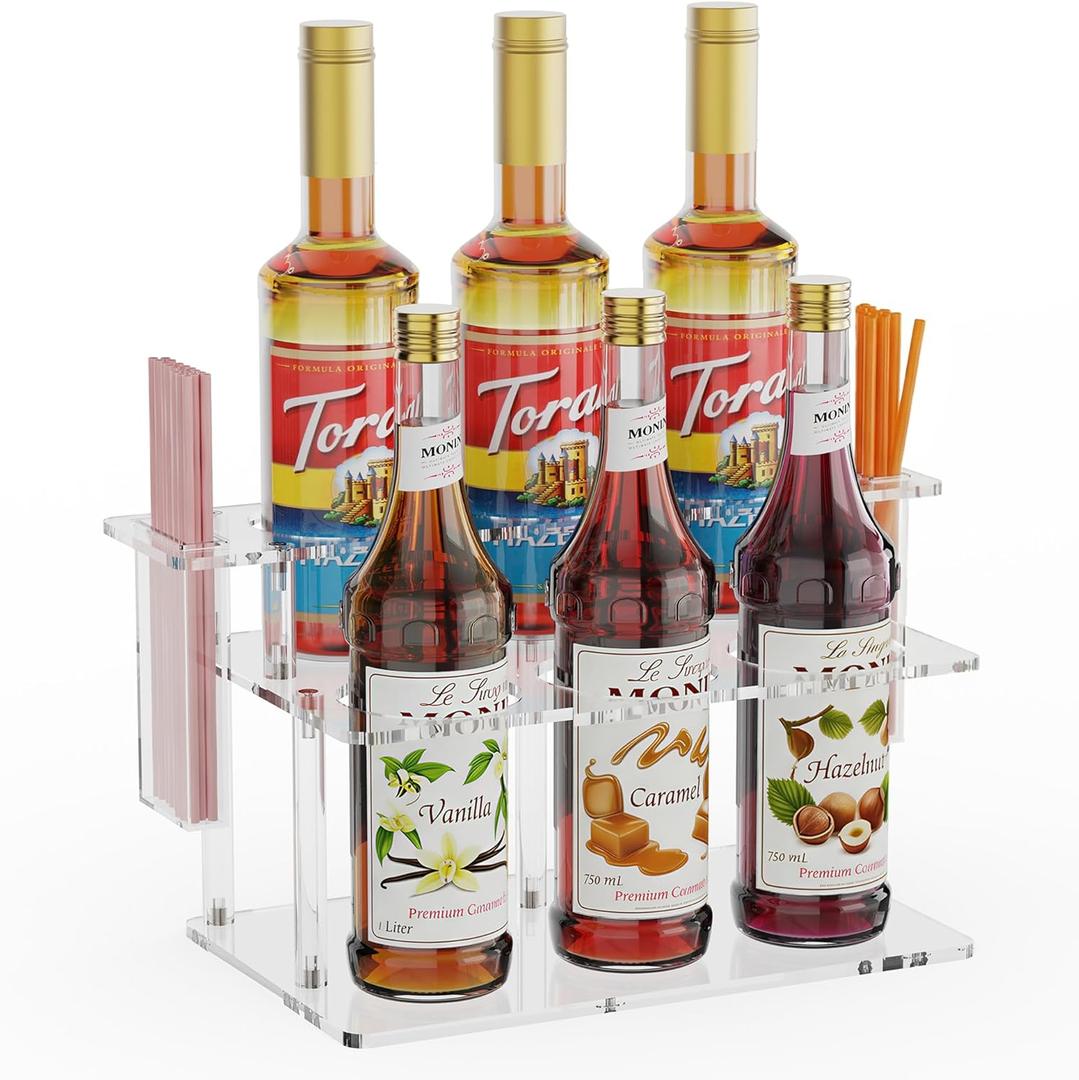 Coffee Syrup Organizer with Straw Holders, 2-Tier Acrylic Syrup Rack (6 Bottles), Anti-Slip Coffee Bar Storage with Side Straw Boxes for Syrups, Wine, Dressings on Kitchen Countertop