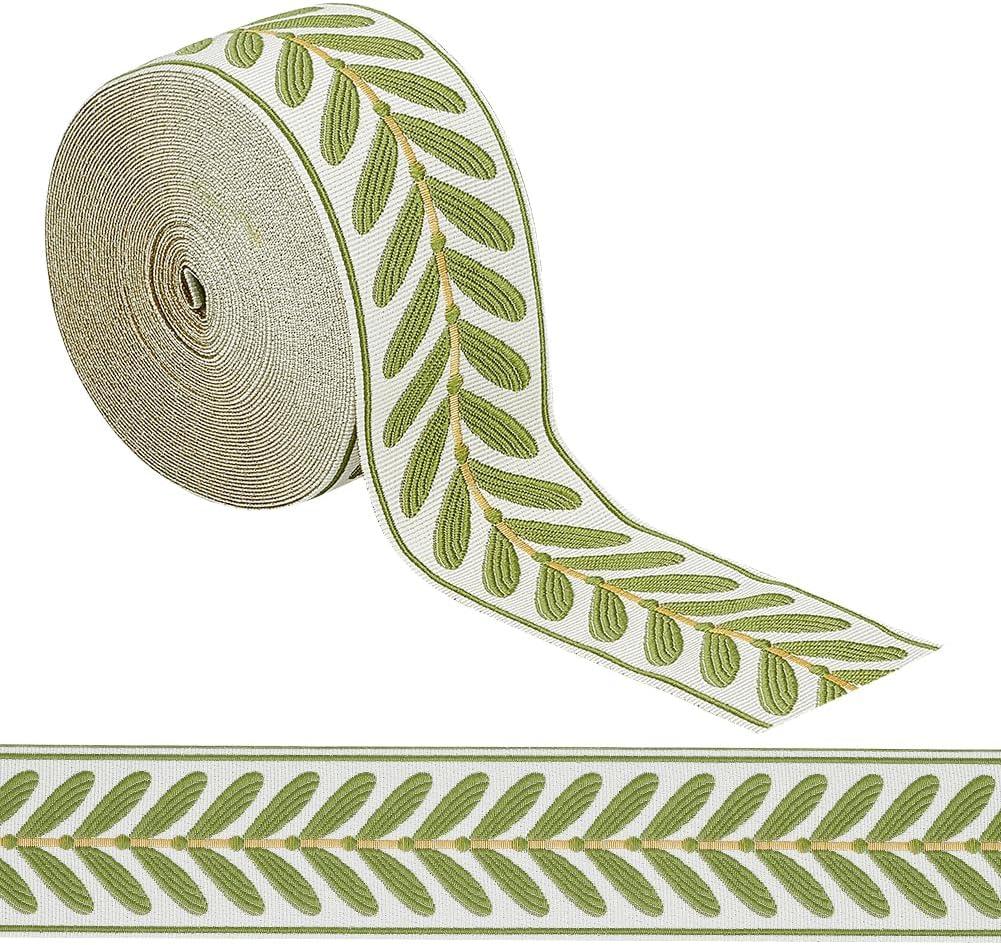 OLYCRAFT 10.9Yards Jacquard Ribbon Trim 2.4 Inch Leaf Pattern Jacquard Polyester Ribbons White Green Leaf Jacquard Woven Embroidery Trim for DIY Sewing Crafts Handmade Bag Belts Clothing Decoration