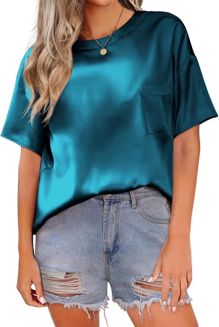 HOTOUCH Women's Satin Top Short Sleeve Silk Blouses Loose Crewneck Shirt Summer Casual Tunic with Pocket Small