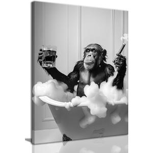 OIQArtOIQ Funny Bathroom Framed Wall Art Vintage Canvas Wall Art Prints Chimpanzee in Bathtub Pictures Wall Decor Modern Minimalist Humorous Artwork For Restroom