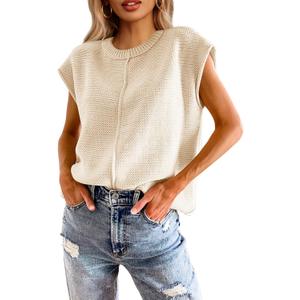 Saodimallsu Womens Summer Cap Sleeve Tops Casual Crew Neck Loose Fit Knit Lightweight Sweater Pullover Top (Small, Apricot)