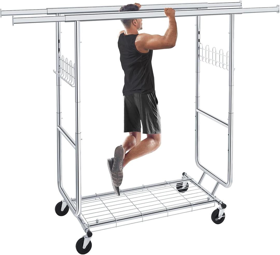 Heavy Duty Clothes Rack Load 620 LBS Metal Garment Clothing Rack Hang 300 pieces of clothing on Wheels Collapsible Rolling Portable & Adjustable Double Rod with Hook for Hanging Clothes (Silver)
