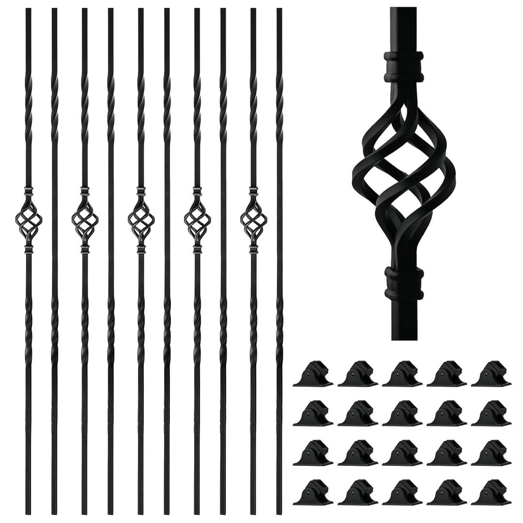 30 Pack Wrought Iron Balusters 44'' Hollow Staircase Balusters with Swivel Shoes Balusters for Staircase Interior Double Twist Stair Basket Decorative Spindles for Staircase Indoor