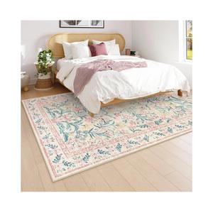 Morebes Floral Pink Rugs for Bedroom Girls, Washable 5x7 Area Rug for Nursery Decor, Indoor Soft Low-Pile Floor Boho Flower Carpet for Kids Playroom Dorm Living Room Dining Room