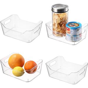 4 Pack Plastic Clear Storage Bins, Refrigerator Organizer Bins with Handle, Kitchen Cabinet Organizer, Stackable Pantry Organization, Perfect for Fridge,Closet Organization (Small)