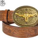 UTOWO Women Vintage Western Belt with oval-Longhorn-Buckle Cowgirl Bull-PU-Leather Waist Cowboy Belt for Jeans 1.5in Wide