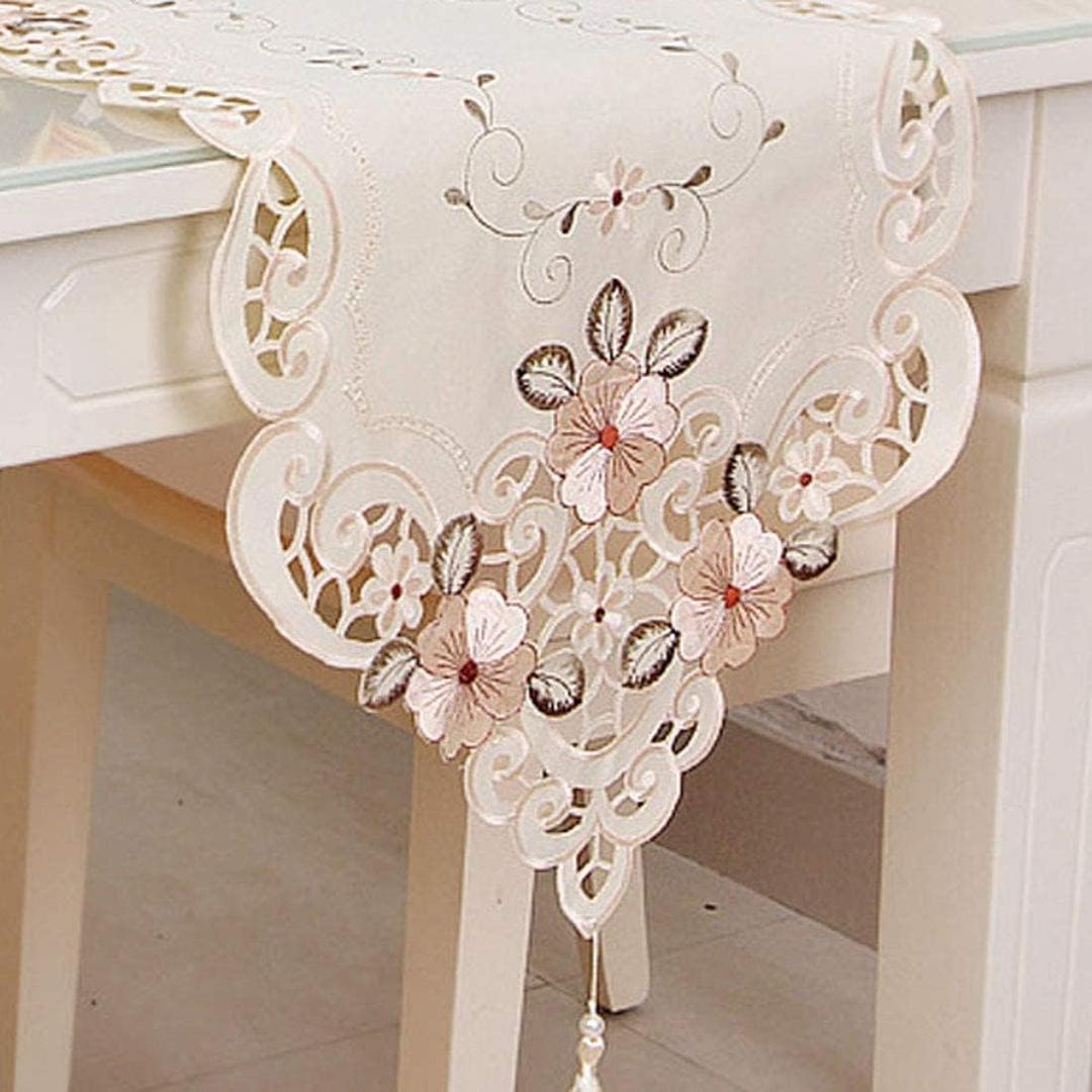 LeLehome 15 Inch X 77 Inch Classic Embroidered Lace Long Table Runner Washable Fabric Table Top Floral Home Party Decoration - Beige Flower