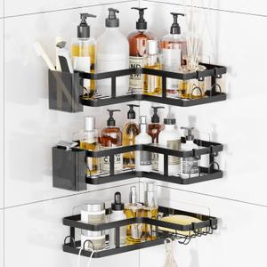 3 Pack Corner Shower Caddy Organizer, Rustproof Corner Shower Shelves, No Drilling Bathroom Corner Shelf with Hooks and Toothpaste Holder