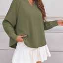 Fisoew Womens Oversized Long Sleeve Shirt Casual Waffle Knit Tunic Tops Lace Patchwork Pullover Sweatshirt (Green)