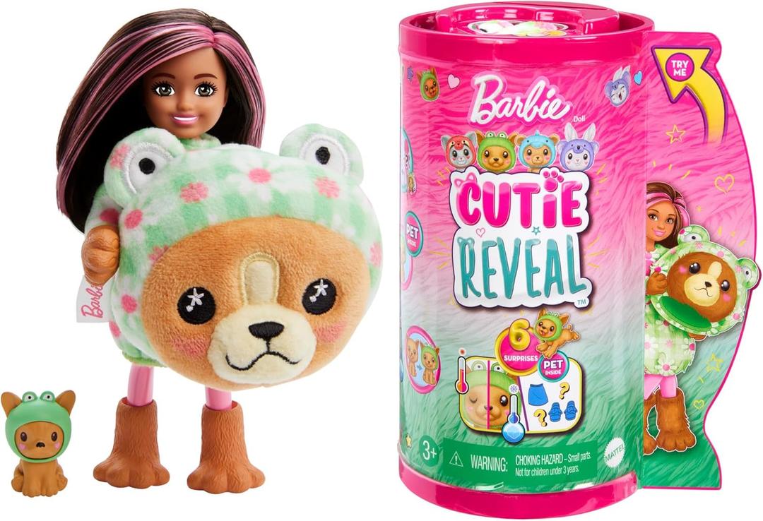 Barbie Cutie Reveal Chelsea Doll & Accessories, Animal Plush Costume & 6 Surprises Including Color Change, Puppy as Frog