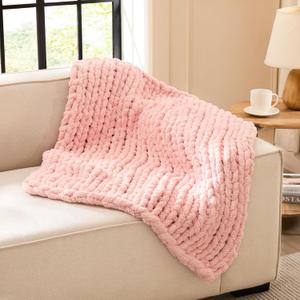 L'AGRATY Chunky Knit Blanket Throw - Soft Chenille Yarn Throw Blankets 30x40Handmade Thick Cable Knit Crochet Blanket - Large Knit Chunky Rope Knot Throw Blankets for Couch Sofa Bed Home Decor (Pink)