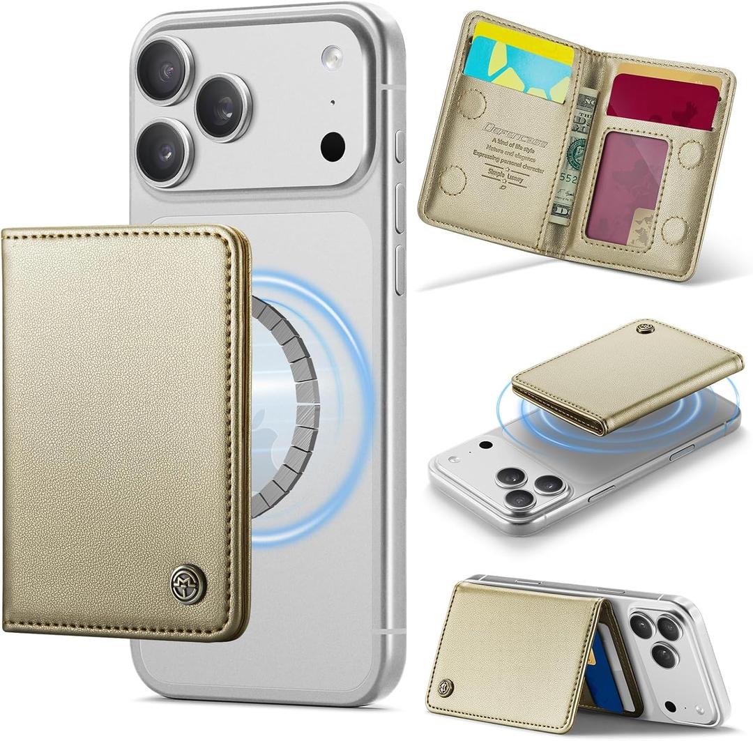 Defencase for Magsafe Wallet Magnetic Card Holder RFID Blocking, PU Leather Minimalist Phone Wallet for MagSafe Phones and Cases for iPhone 17/16/ 15/14/ 13/12/ Pro/Max/Plus/Air, Gold