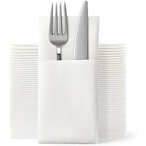 JEBBLAS Disposable Cloth Like Napkins, Built-in Flatware Pocket, Wedding Party Linen Feel White Napkin, Prefolded for Silverware,100 Count (100 Pack)