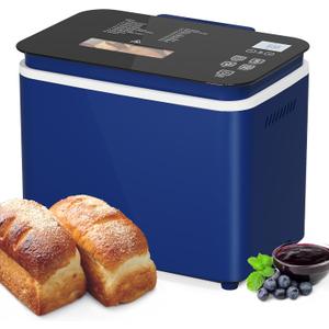 2.2LB Bread Maker, 21-in-1 Programmable Bread Machine with Digital Touch Panel, 3 Loaf Sizes 3 Crust Color, Keep Warm, 15H Timer, Blue Bread Making Kit & Breakfast Maker with Nonstick Pan