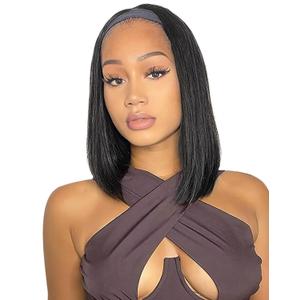 QUEENTAS 14 Inch Straight Headband Wig for Black Women, Glueless Wear and Go Synthetic Bob Wig for Daily Use Dating, Heat Resistant Soft Shoulder Length, 1B Natural Black Hair