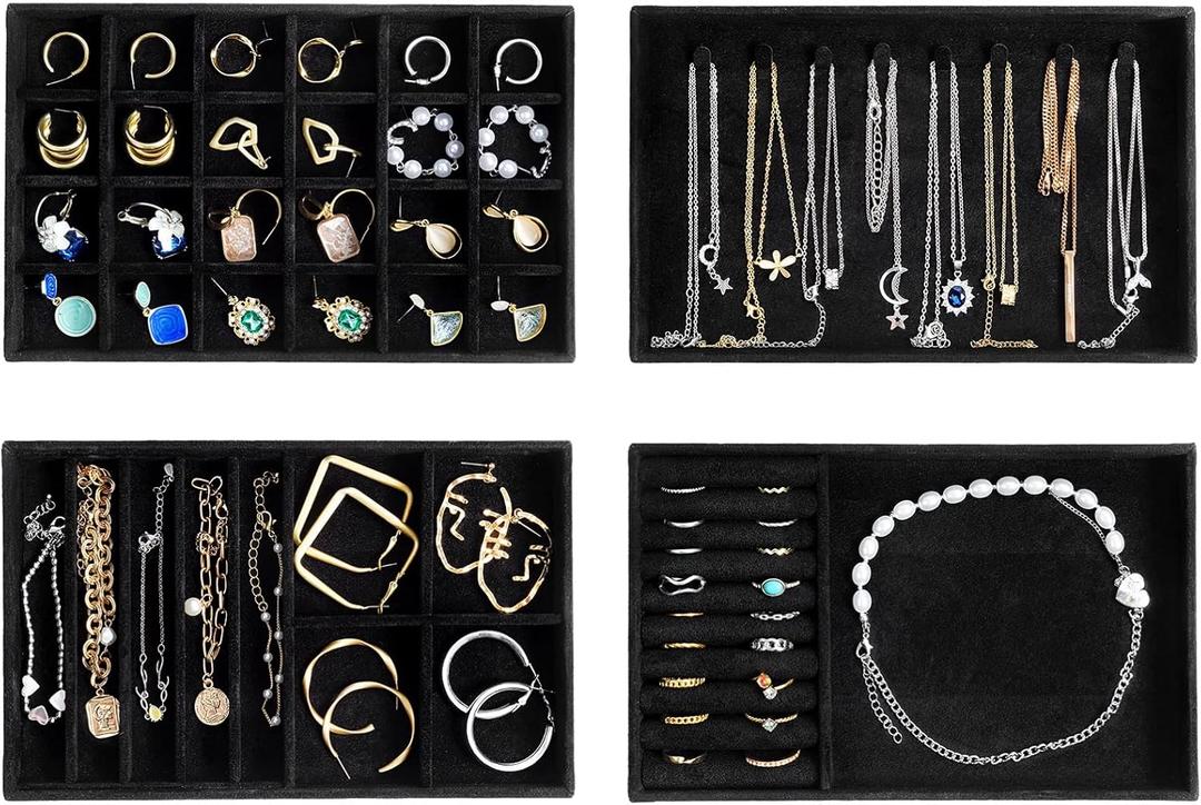 ProCase Stackable Jewelry Organizer Trays for Drawers, Jewelry Drawer Inserts Container Display Case Storage for Earring Necklace Rings Bracelet with Removable Dividers -Allblack, 4 Layers