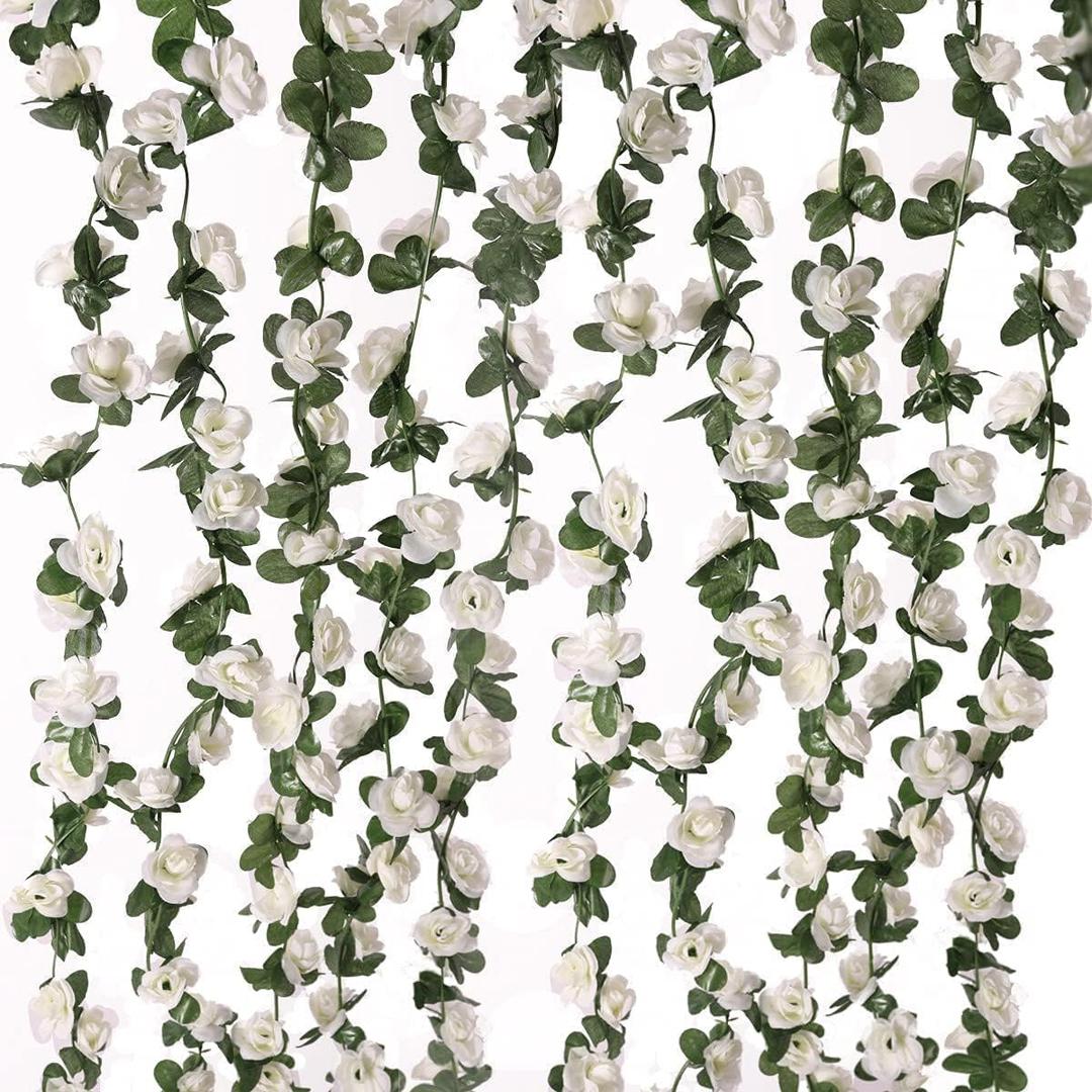 WEISPARK Fake Flowers - 4pcs 32.8 FT Artificial Rose Vine Flower Plants Hanging Rose Ivy for Home Hotel Office Wedding Party Garden Craft Art Dcor (White)