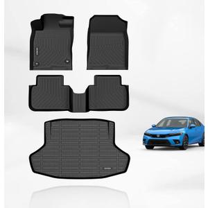 KELCSEECS Floor Mats & Cargo Liner(Not for Hatchback) for 2025 2024 2023 2022 Civic Sedan Si(Include 2nd Row with USB Port) All Weather Car Mats Cargo Mat Floor Liners Trunk Mat Civic Trunk Liner