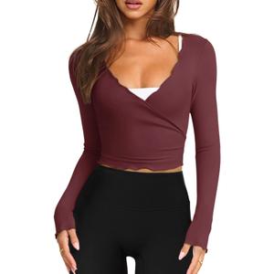 LASLULU Womens Tie Front Wrap Tops Long Sleeve Bolero Shrugs Crop Cardigan Yoga Ballet Cover up Tops Pilates Outfits (Medium, Burgundy)