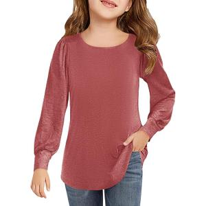 Haloumoning Girls Puff Long Sleeve Shirts Kids Casual Crewneck Soft Tunic Tops Blouse Red M