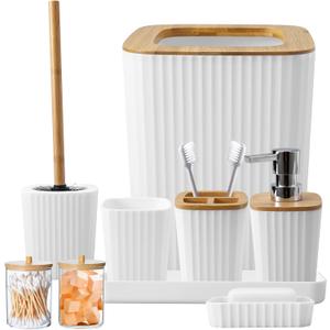 Bathroom Accessory Set, 9-Piece White Bathroom Set with Trash Can, Tray, Soap Dispenser, Toothbrush Holder, Toothbrush Cup, Soap Dish, Toilet Brush and Q-tip Holders for Bathroom/Housewarming Bathroom Accessory Set, 9-Piece White Bathroom Set with Trash Can, Tray, Soap Dispenser, Toothbrush Holder, Toothbrush Cup, Soap Dish, Toilet Brush and Q-tip Holders for Bathroom/Housewarming