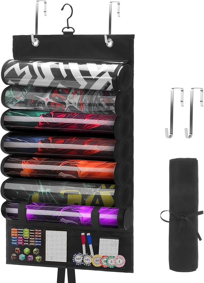 Playmat Tube Storage Bag with 6+1 Slots for MTG, TCG - Hangable Playmat Holder Over The Door,Portable Game Mat Organizer Case with XL Mesh Pockets & 2 Hooks for RPG Card Games