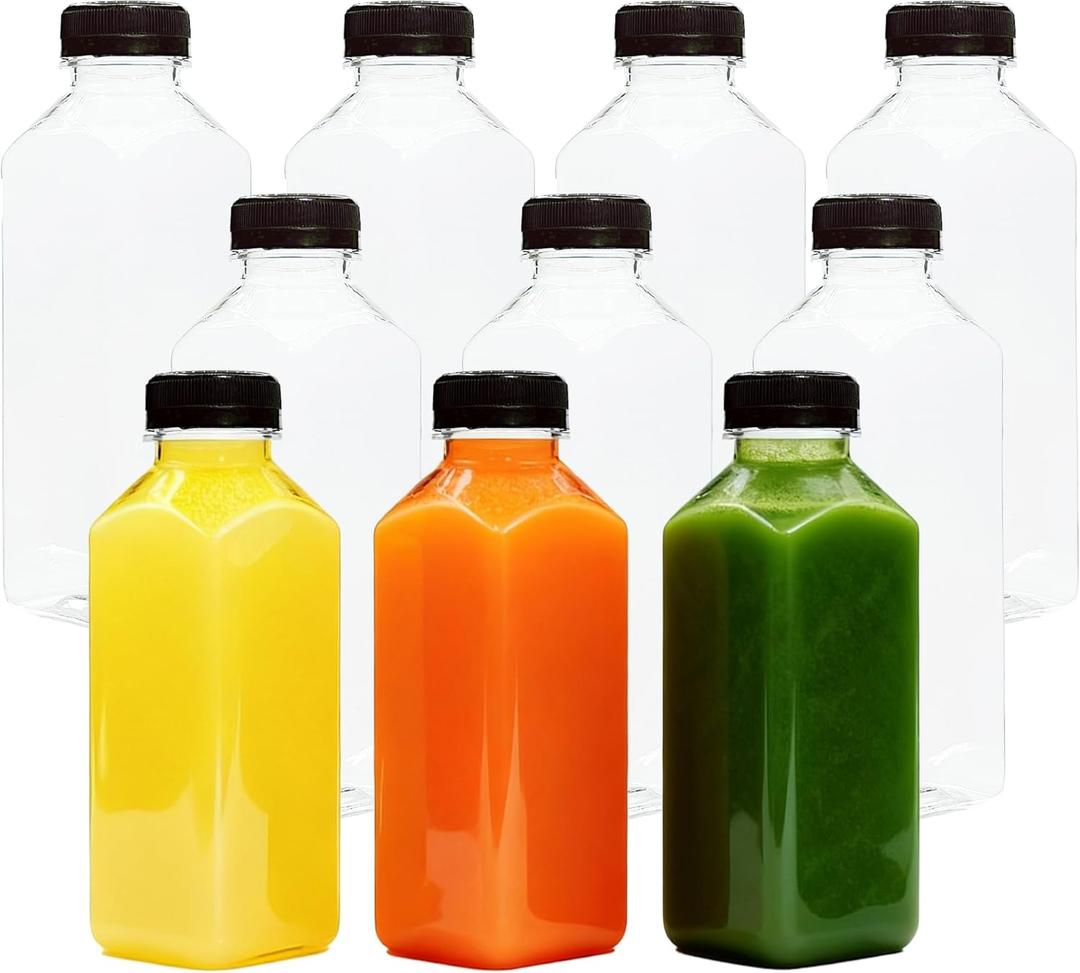 16oz 10pcs Empty Plastic Juice Bottles with Caps,Juice Containers for Juice, Milk and Other Beverages,Clear Juicing Bottles for Food Grade.